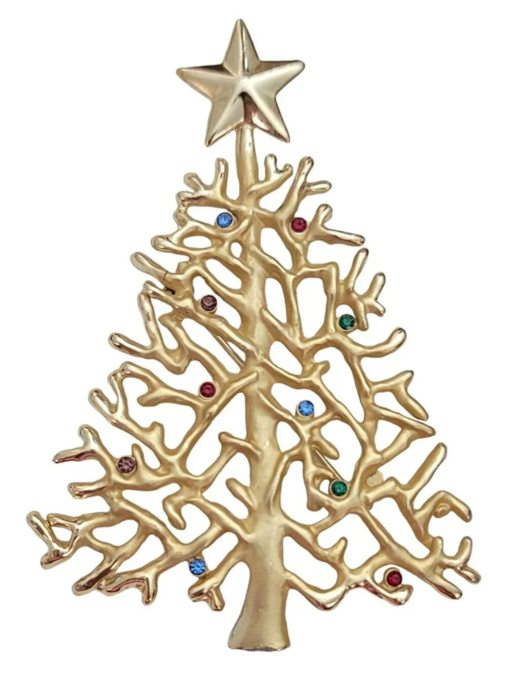 Gold Tone Multi Color Statement Rhinestone Christmas Tree Brooch E873